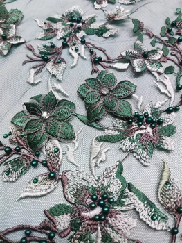 צרפתית קלאסית עיצוב אופנה איכותיים בעבודת יד ירוק 3D רקמה, חרוזים ריינסטון נטו תחרה על מסיבת חתונה שמלות