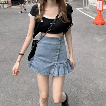 קוריאני הקיץ החדש גבוהה המותניים לא סדיר חצי חצאית ג ' ינס של נשים אופנה משובחת סלים היפ לעטוף חצאיות סקסי בחורה שווה חצאית מיני