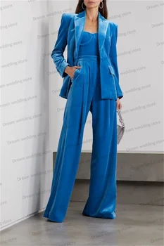 קטיפה כחולה נשים החליפה סט 3 חלקים עליון+ג ' קט+רגליים רחבים מכנסי טוקסידו לחתונה הסתיו אורח שמלה בהזמנה אישית בלייזר מעיל