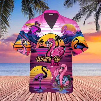 קיץ חם מכירת חולצת הוואי לגברים 3d Cartoon פלמינגו גברים החולצה של חוף מנופחים מצחיק בגדי גברים אופנה שרוול קצר