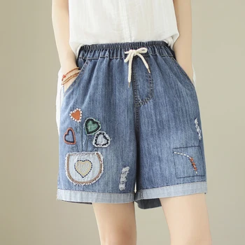 קיץ מזדמן אהבה מתוקה מודבקת רקמה מכנסי ג ' ינס קצרים נשים אלסטיים מותן נשית משוחררת במצוקה קאובוי מכנסיים קצרים U142