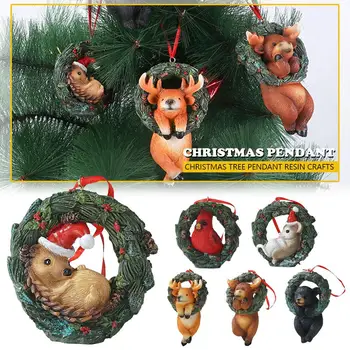 קישוטי חג המולד חמוד קריקטורה בעלי חיים זר אייל שרף רקע עץ תליון תלוי מלאכות חג המולד דוב קיר 2 F8P6