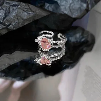 קריסטל ורוד אוהב את הלב טבעת פתוחה לנשים החתונה יוקרה בציר גראנג אסתטי תכשיטי אופנה Y2K אביזרים חדשים