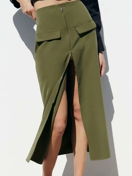 רוכסן פיצול Midi חצאית נשים 2023 בגדי הקיץ גבוהה וושינגטוןasia. Kgm סגנון קוריאני Faldas אופנת רחוב נשית אופנה חצאיות ארוכות בגדים