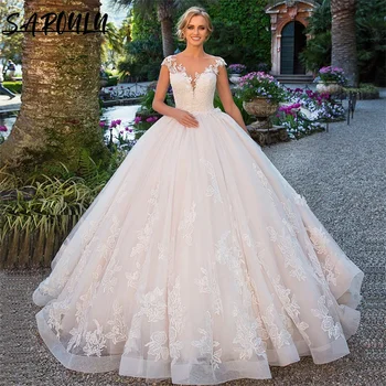 רומנטי צווארון וי עמוק Pricess שמלת חתונה אלגנטית אפליקציות תחרה שמלת כלה החוף Vestidos דה נוביה