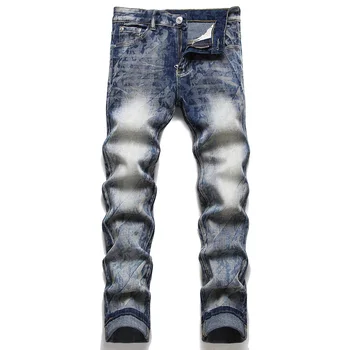 רוק פאנק סגנון עיצוב גברים למתוח את הג 'ינס דפוס הדפסה סלים פחת מכנסיים אופנה שטף כותנה מכנסיים שחור כחול ג' ינס