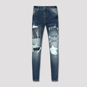 רחוב אופנה גברים ג 'ינס רטרו שטף כחול למתוח סקיני ג' ינס קרועים Homme עור תיקון מעצב היפ הופ מותג מכנסי גברים