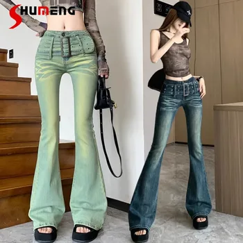 רטרו ג 'ינס של נשים, קיץ, סתיו, שטף נמוך המותניים סקיני ג' ינס מכנסיים חוש עיצוב חגורת המותניים התרחבו מכנסיים הגברת אופנת רחוב
