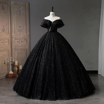 שחור נצנצים הטקס השמלה הכתף פרע שמלת נשף נוצץ 16 שנה שמלות נסיכה במשך 15 שנים Vestidos