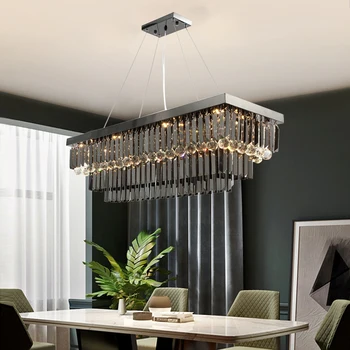 שחור קריסטל מודרני נברשת עבור חדר האוכל מלבן אי מטבח מעושן גארי קריסטל מנורת יוקרה עיצוב הבית תלוי אור.
