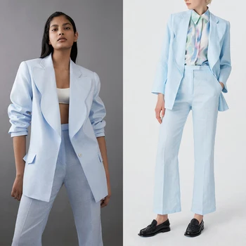 שמיים כחולים האישה בלייזר סטים מכנסיים ארוכים בהזמנה אישית משרד ליידי שתי חתיכות אחת עם חזה עסקים ללבוש.