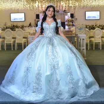 שמיים כחולים נסיכה מתוקה הטקס שמלות שמלת נשף 2023 אפליקציה תחרה חרוזים טול שמלה תפוחה מתוקה 15 16 שמלת