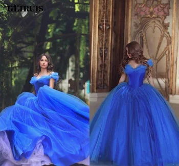שמלות לנשף מחוץ כתף קפלים קרח כחול נפוח נסיכה שמלות בגדי ערב טול הטקס המיוחד שמלת נשף שמלות ערב