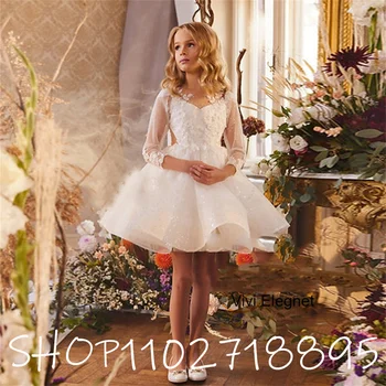 שנהב פרח ילדה שמלות טוטו אורגנזה תחרה שרוול מלא הטבלה שמלת ילדה הקיץ אפליקציה מסיבת חתונה שמלות 2023 הקיץ