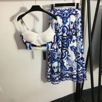 שתי חתיכה להגדיר נשים השמלה הזאת מתאימה 2023 קיץ סקסי כחול לבן מחוך יבול חולצות עם קפלים מקסי ארוכות חצאיות סטים חוף ללבוש