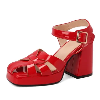 תוספות חמות בלעדי עבה פלטפורמת הלבוש חוף סנדלי אישה מסיבת נעליים מגזרות לארוג שחור אדום נעלי קיץ אישה סנדלים