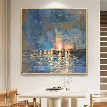 תקציר מרקם ימי ציור שמן על קנבס בעבודת יד סכין אוקיינוס כחול אמנות מודרנית קיר הסלון אמנות עיצוב הבית